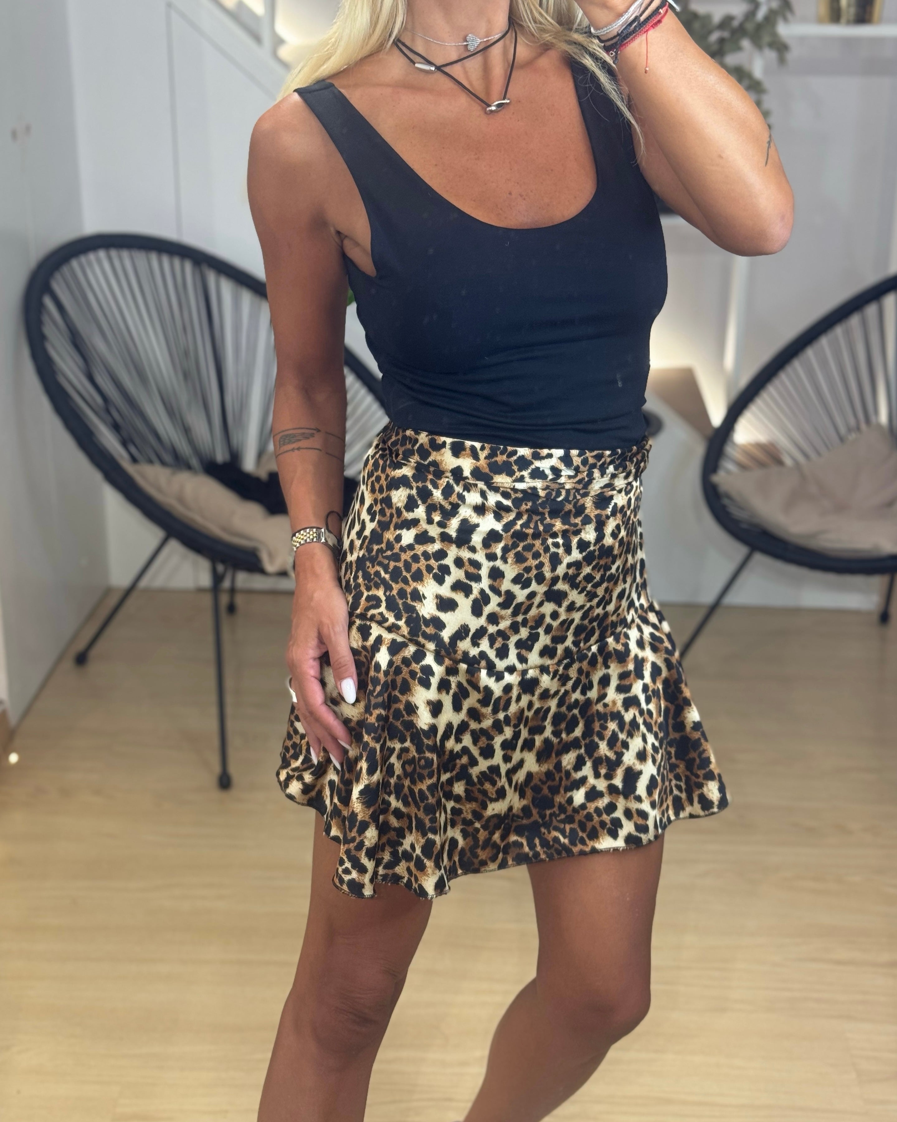 satin leopard skirt with elastic waist
