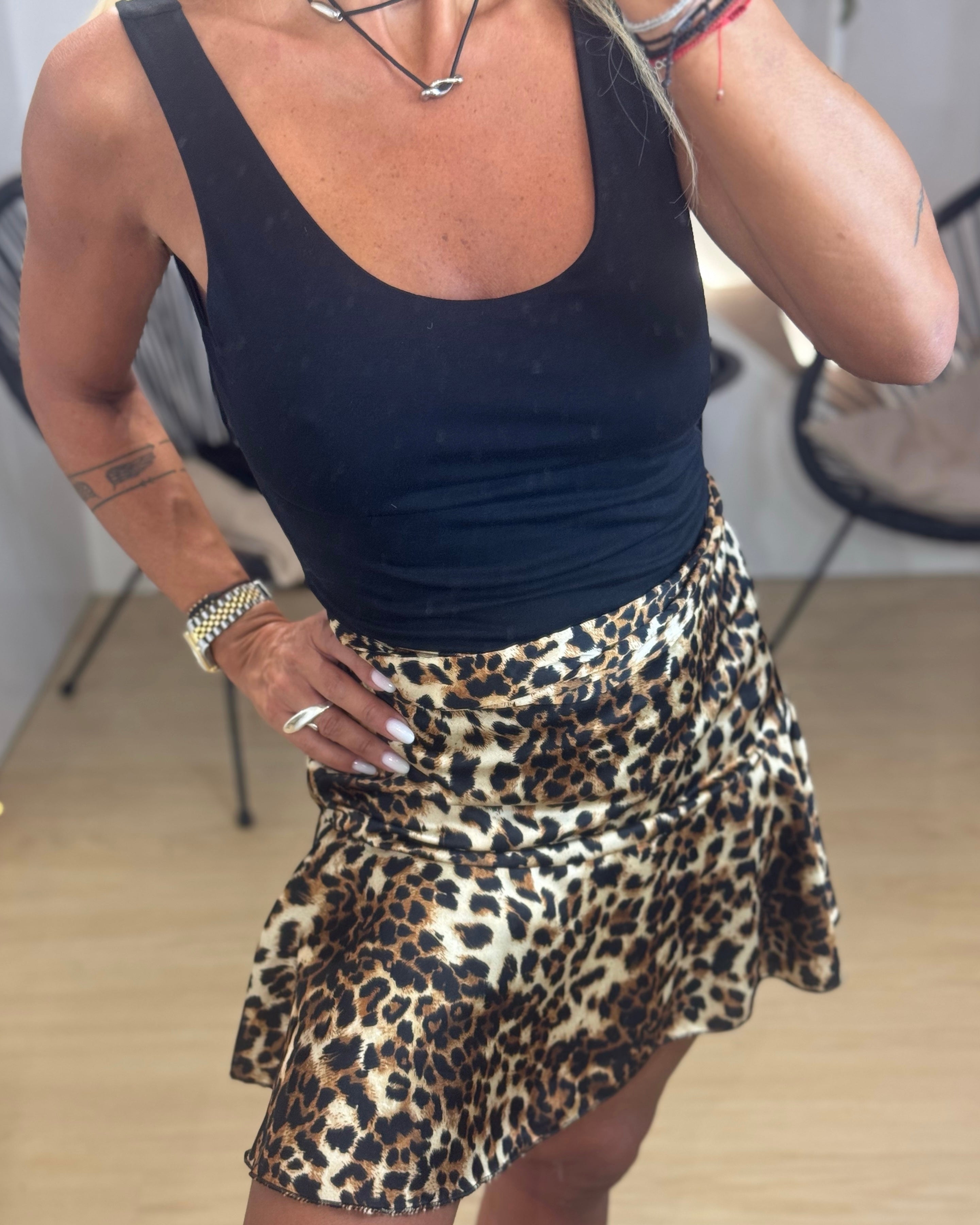 satin leopard skirt with elastic waist