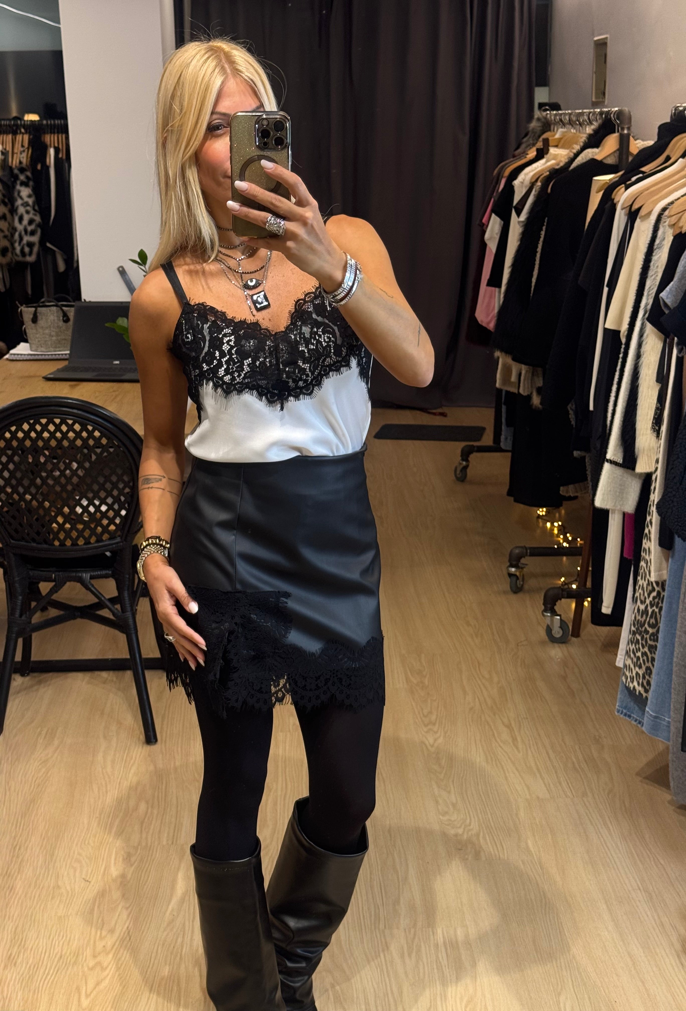 Leather mini skirt with lace