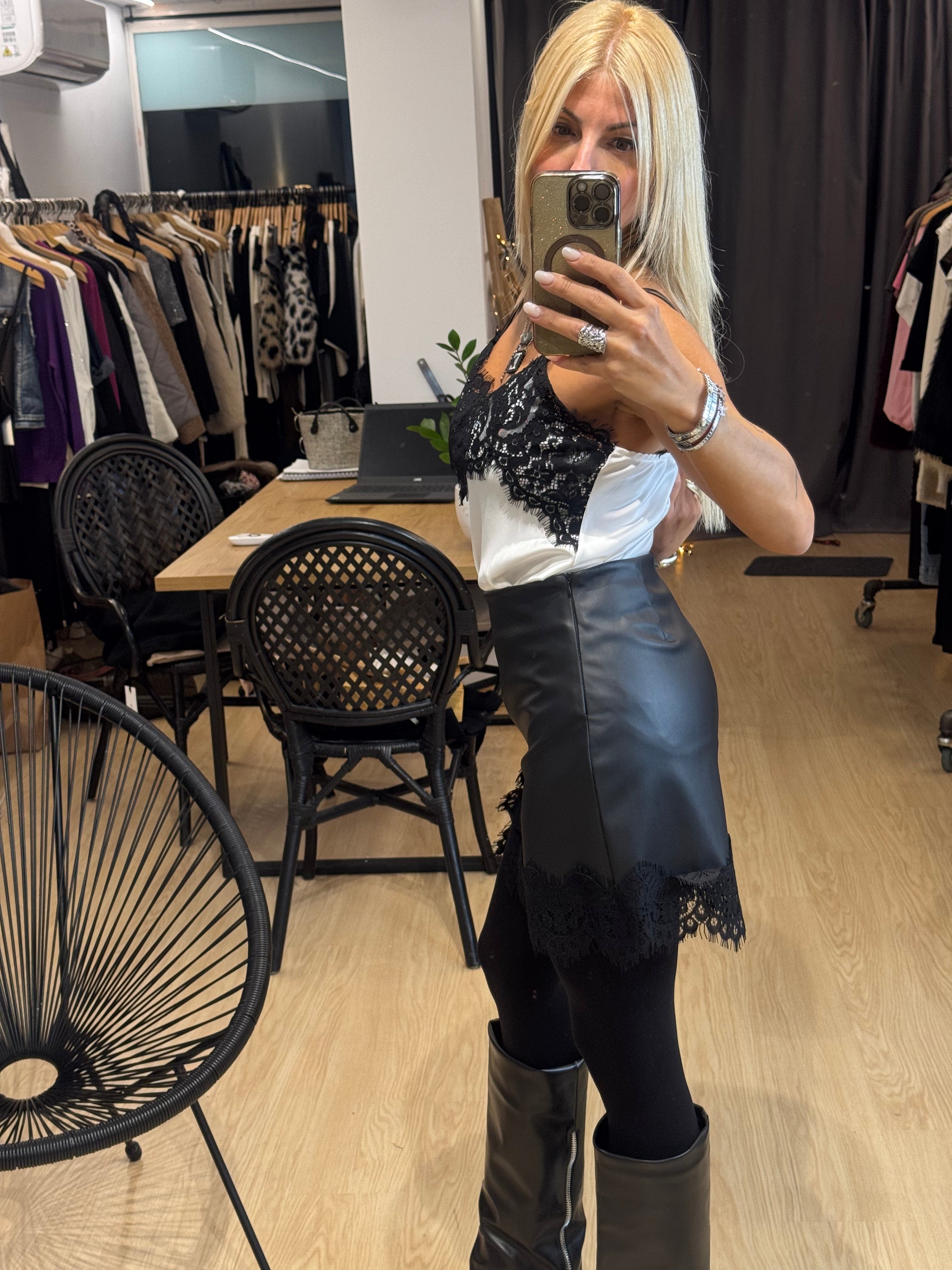 Leather mini skirt with lace