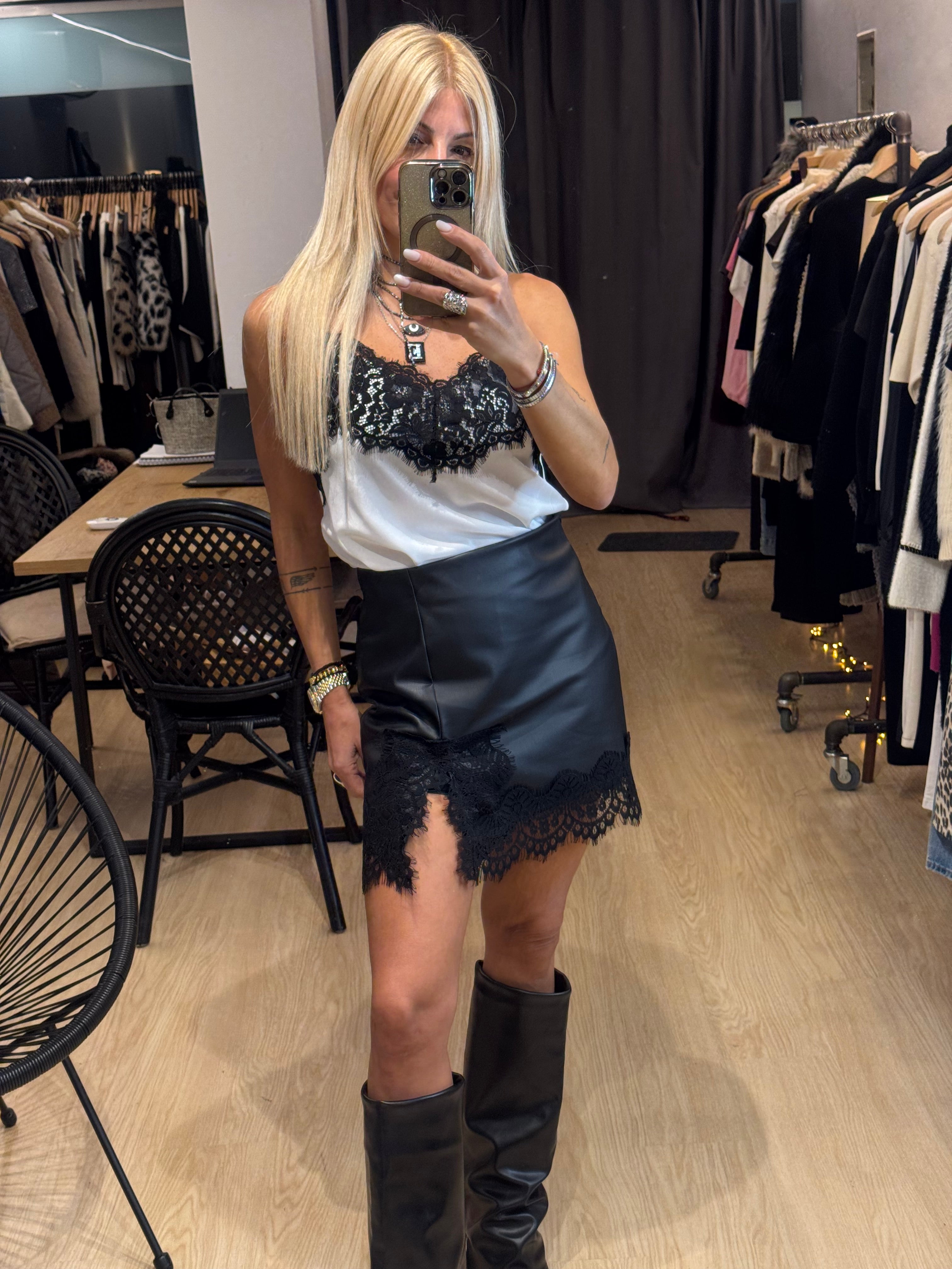 Leather mini skirt with lace