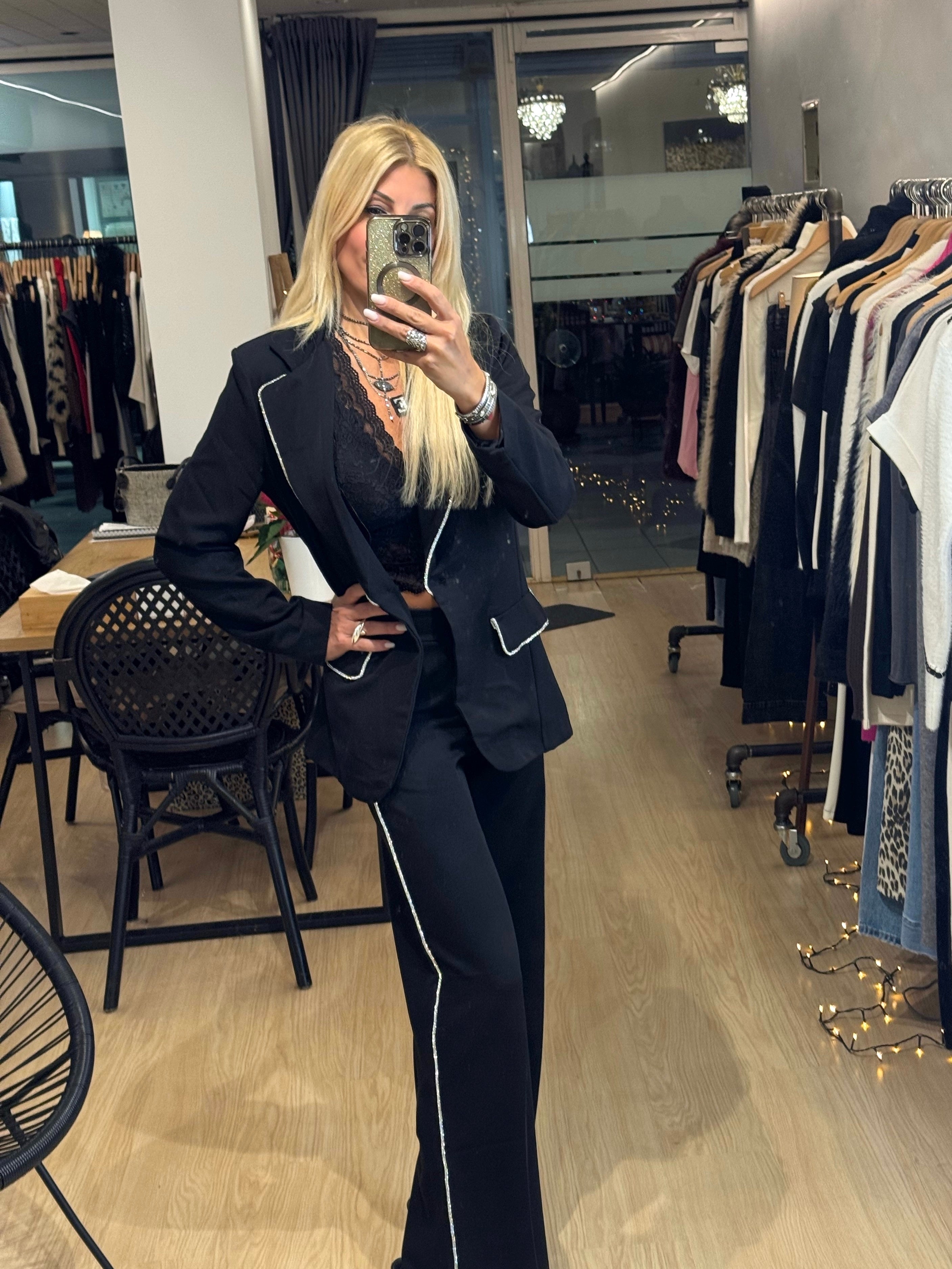 pants with elastic and rhinestones