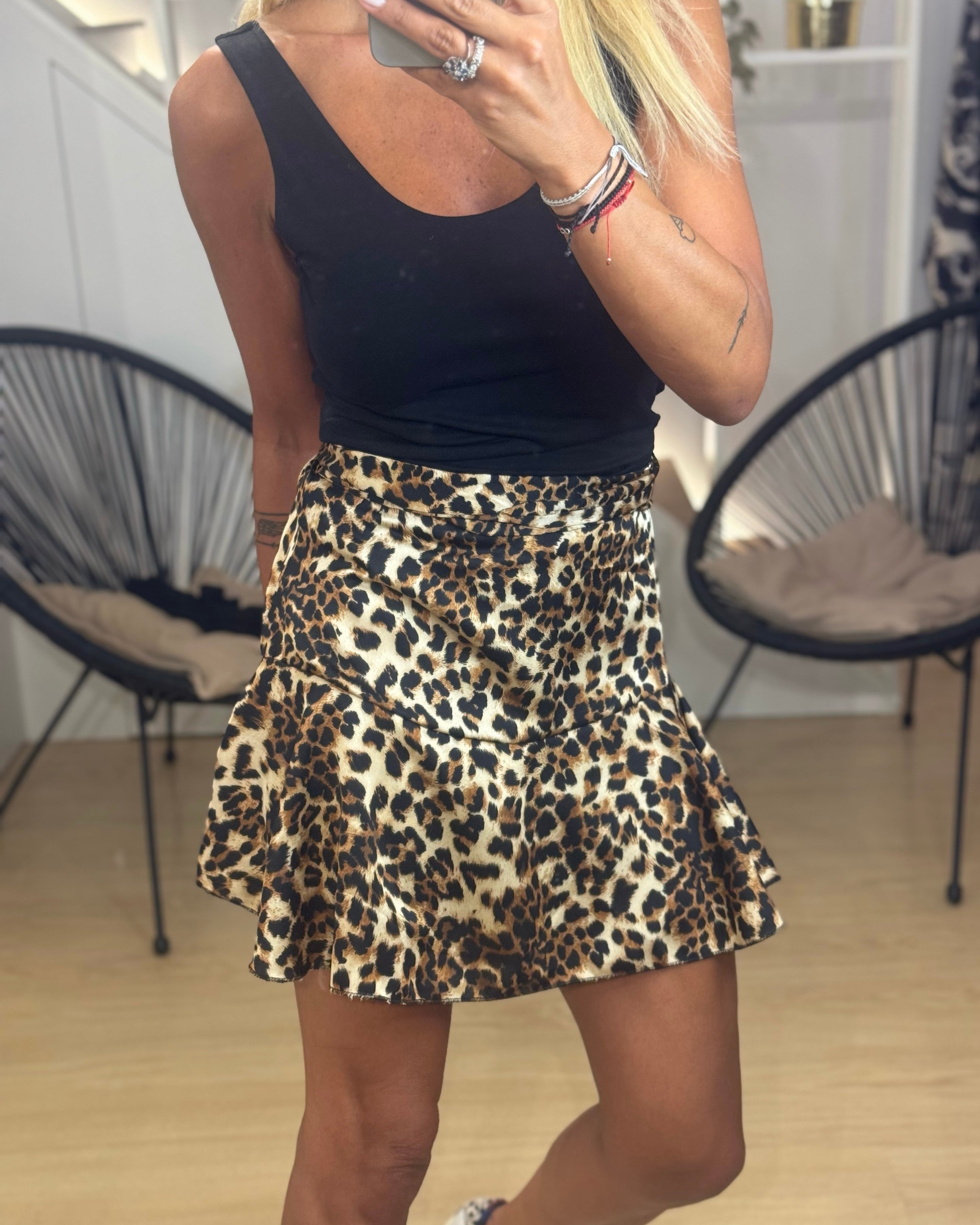 satin leopard skirt with elastic waist