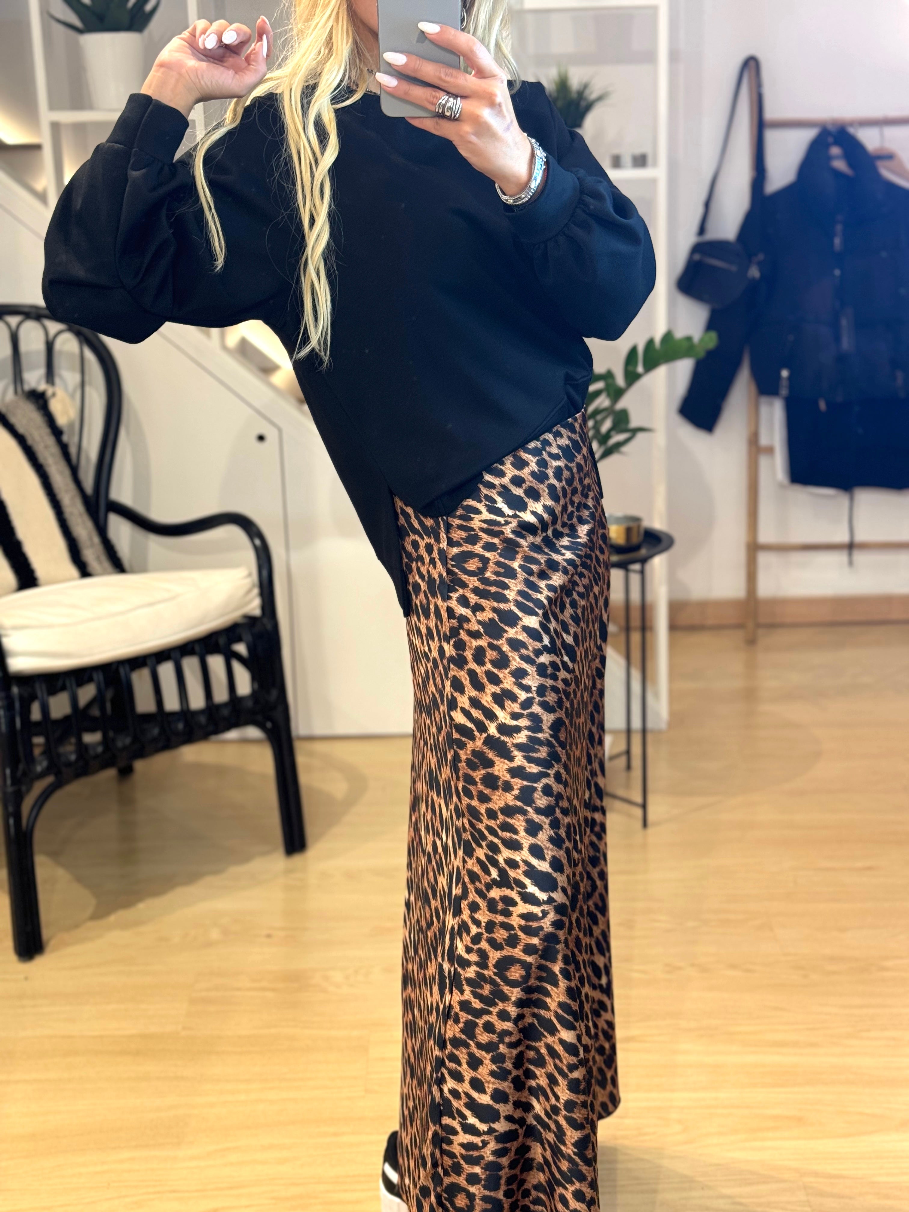 Satin Maxi Leopard Skirt