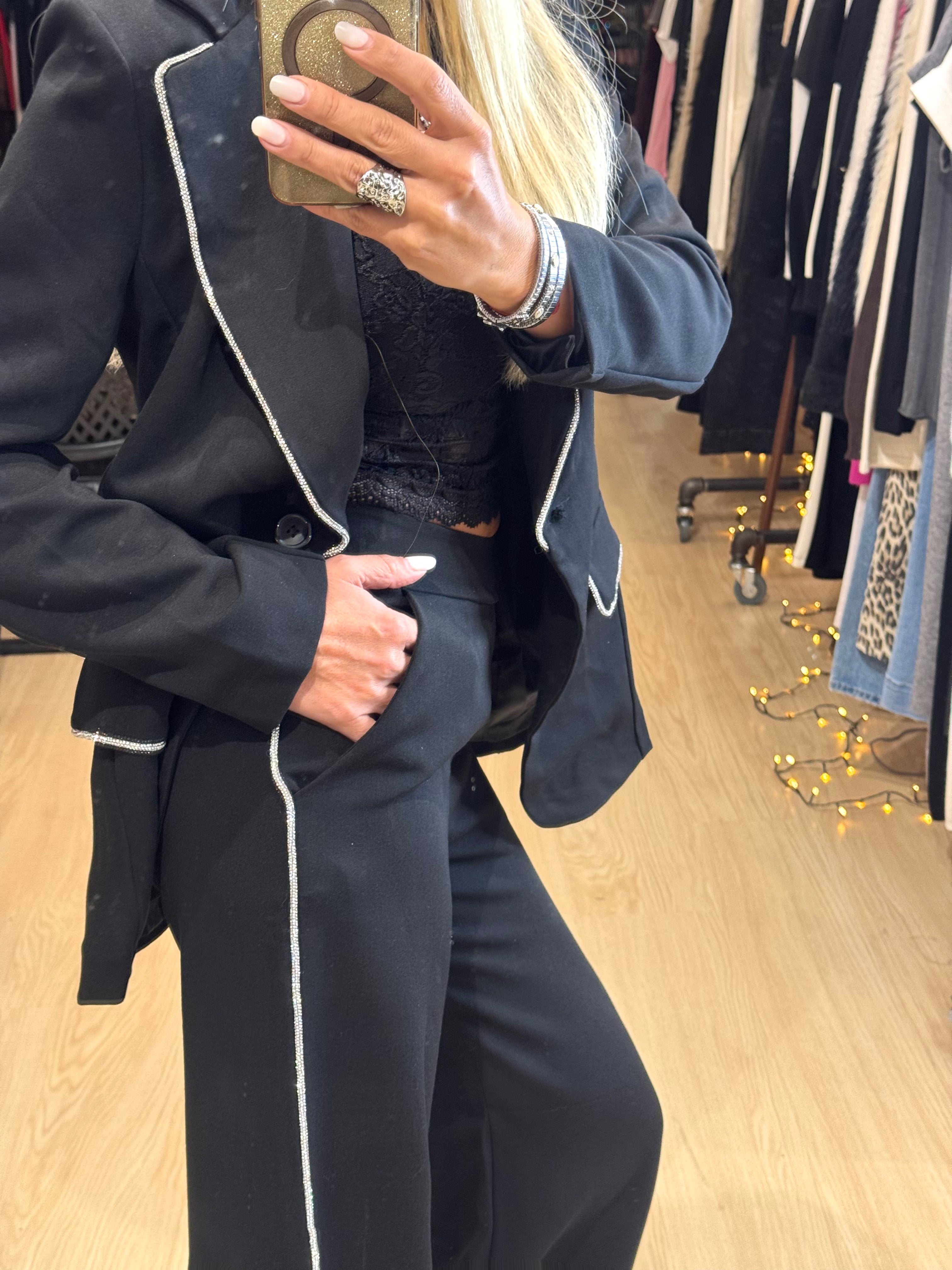 pants with elastic and rhinestones