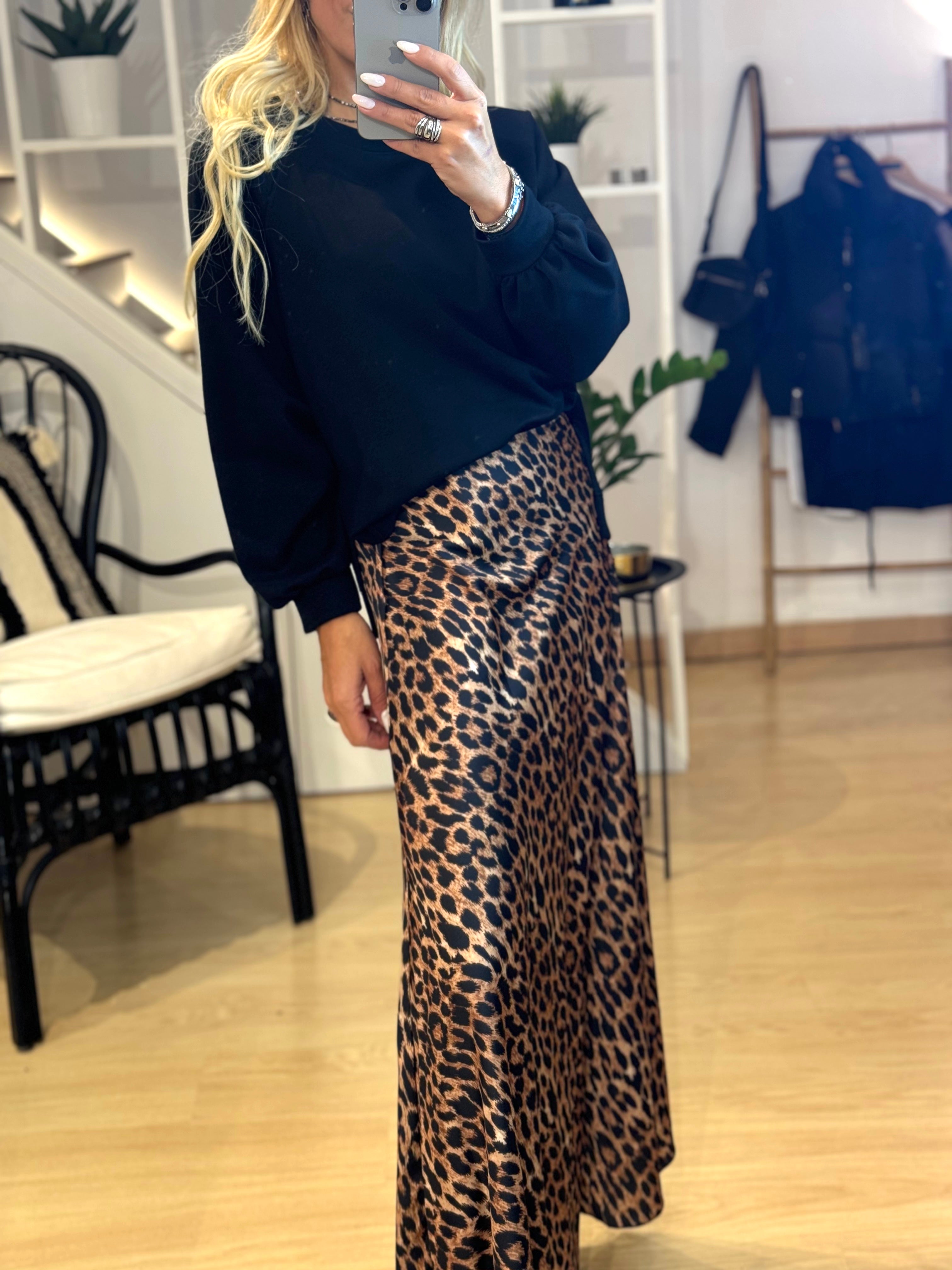 Satin Maxi Leopard Skirt