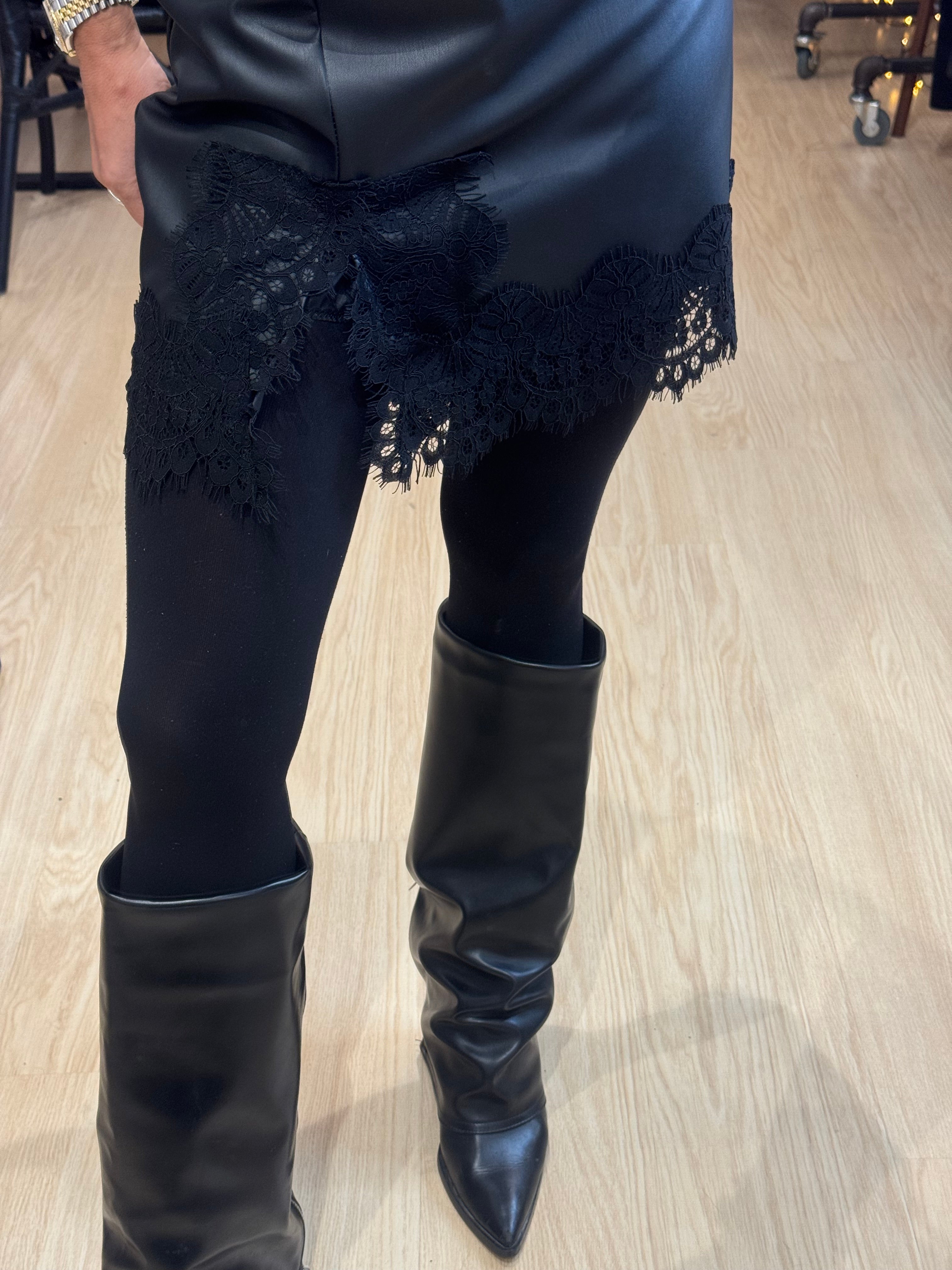 Leather mini skirt with lace