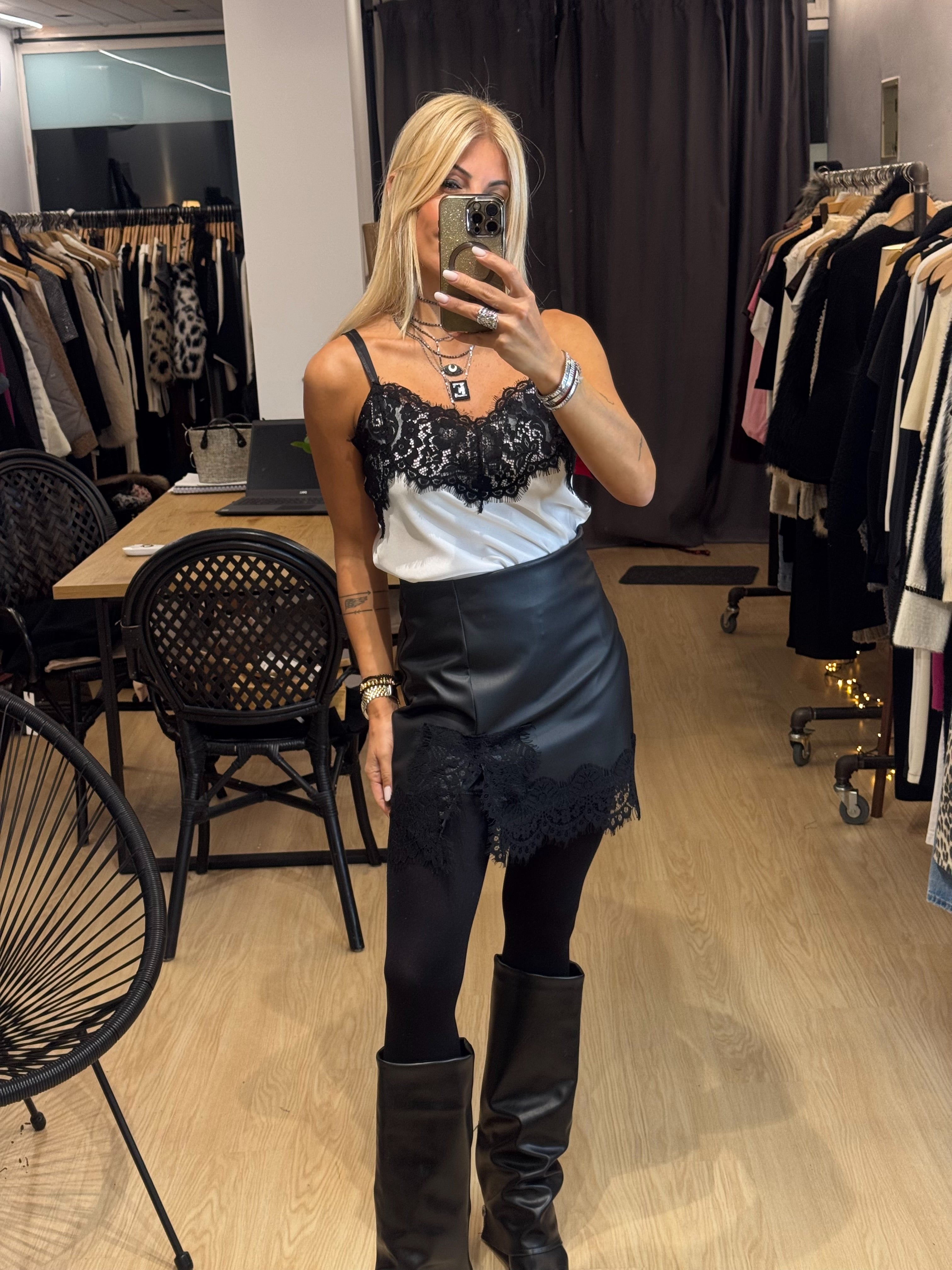 Leather mini skirt with lace