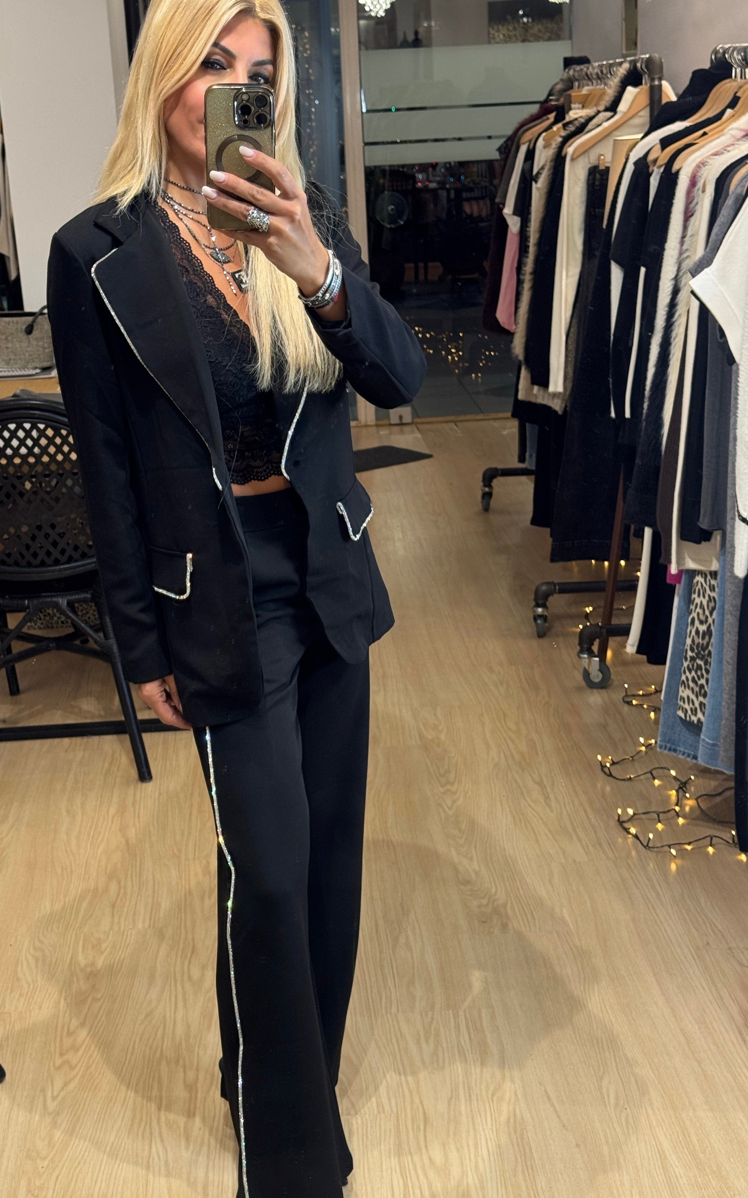 pants with elastic and rhinestones